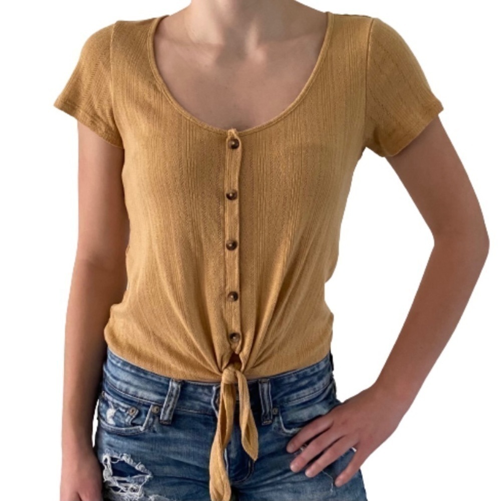 American Eagle Mustard Knit Tie Front Top​​​​​​​​​​​​​​​​​​​​​​​​​​​​